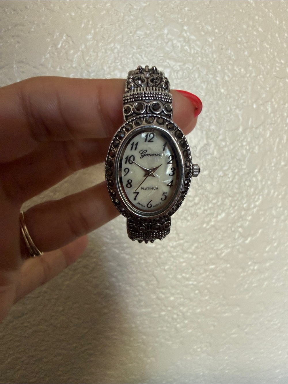 Geneva Silver-Tone Ornate Oval Bracelet Watch with White Dial